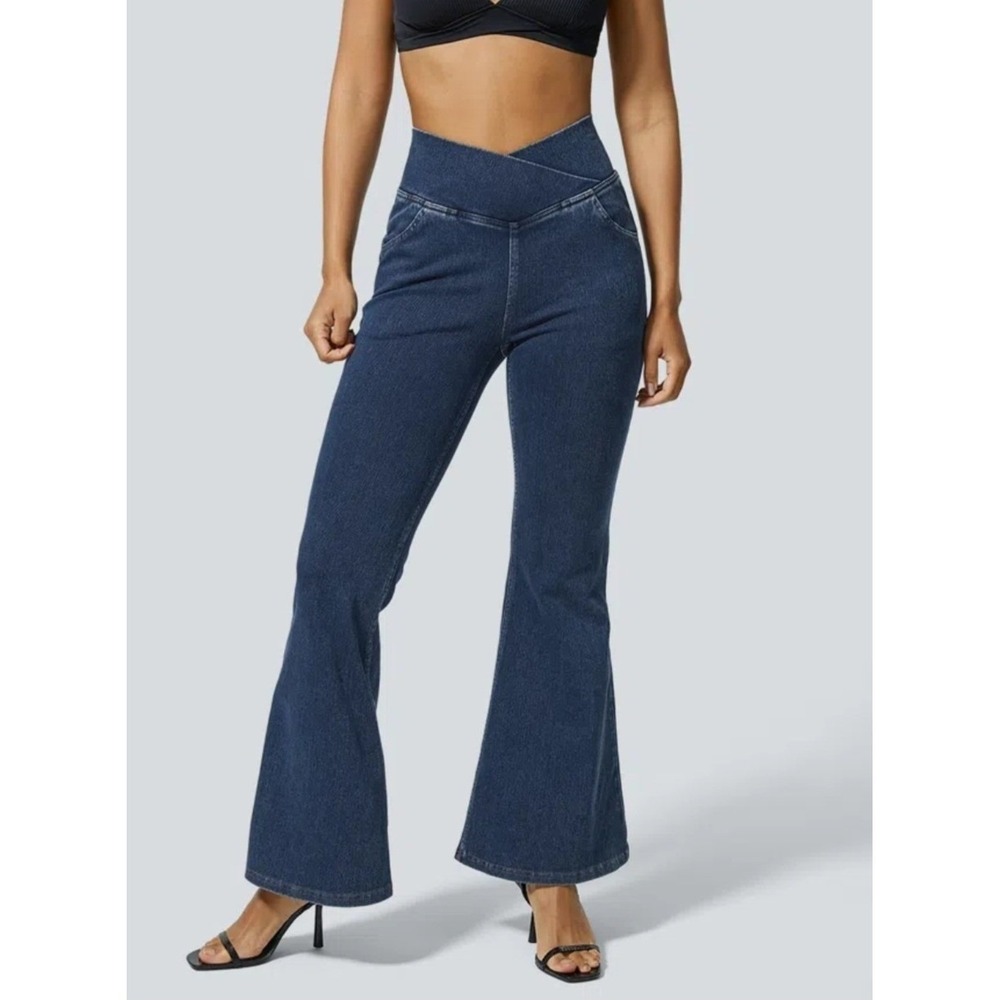 Halara Crossover Waist Flare Denim Leggings Dark Blue Wash Size XS Regular